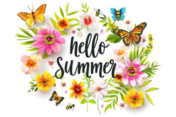 Hello Summer Text Lettering: Bright Meadow Flowers and Butterflies